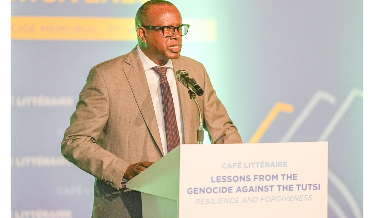 Jean Damascène Bizimana, the Minister of National Unity and Civic Engagement speaks at the launch of a catholic nun, Sister Marie Josepha Mukabayire’s memoir on January 3, 2024.