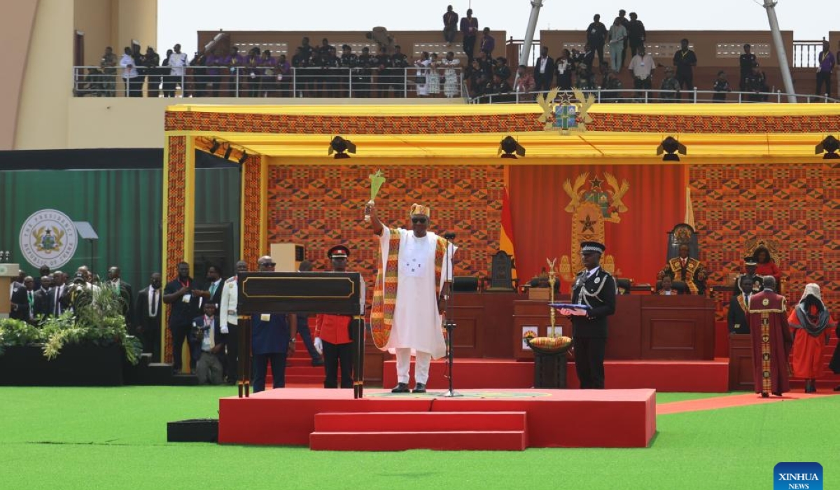 Ghanaian President John Dramani Mahama (C) attends the presidential inauguration at the Black Star Square in Accra, Ghana, Jan. 7, 2025. (Xinhua/Seth)