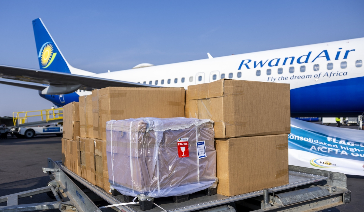 Packages containing export products destined for Ghana before loading at the Kigali International Airport on September 25, 2024. Oliver Mugwiza