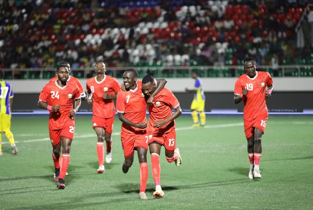 Harambee Stars players celebrate their goal against Tanzania during their Mapinduzi Cup match at the Gombani Stadium in Zanzibar on January 7, 2025.