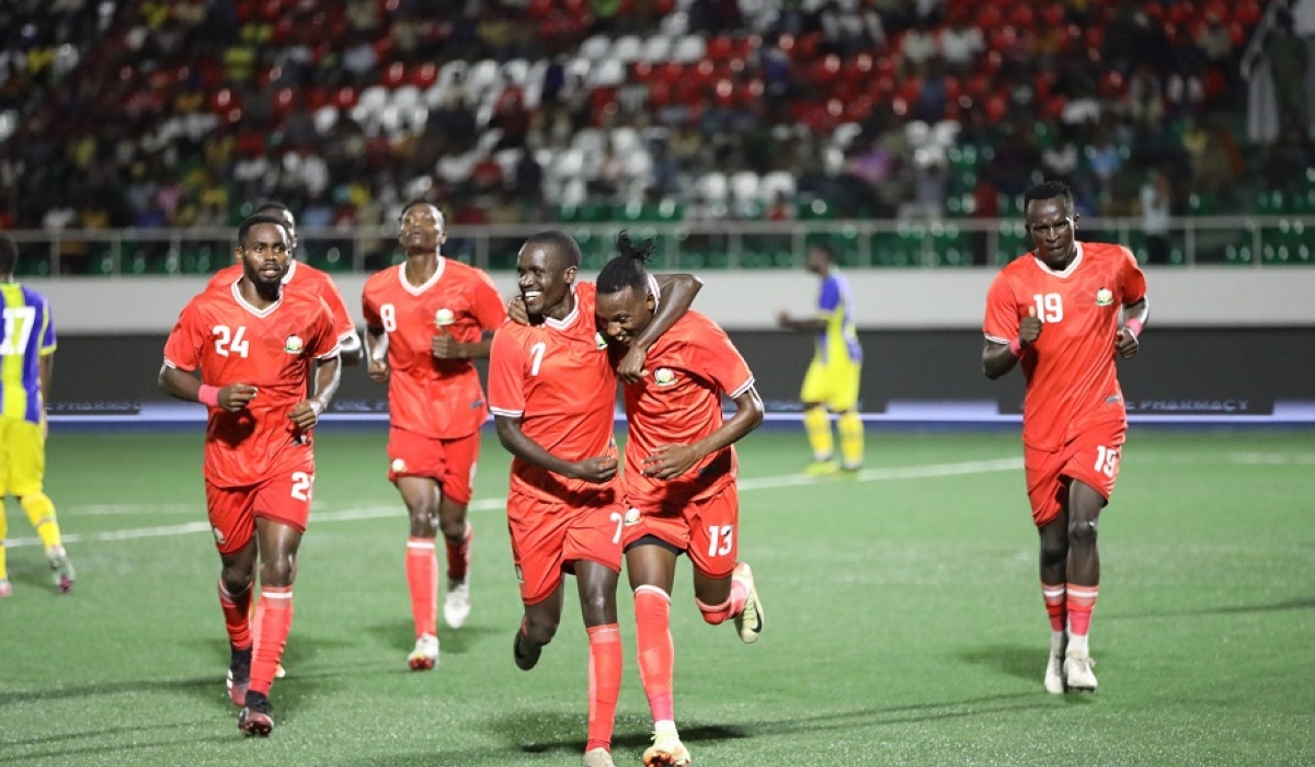 Harambee Stars players celebrate their goal against Tanzania during their Mapinduzi Cup match at the Gombani Stadium in Zanzibar on January 7, 2025.