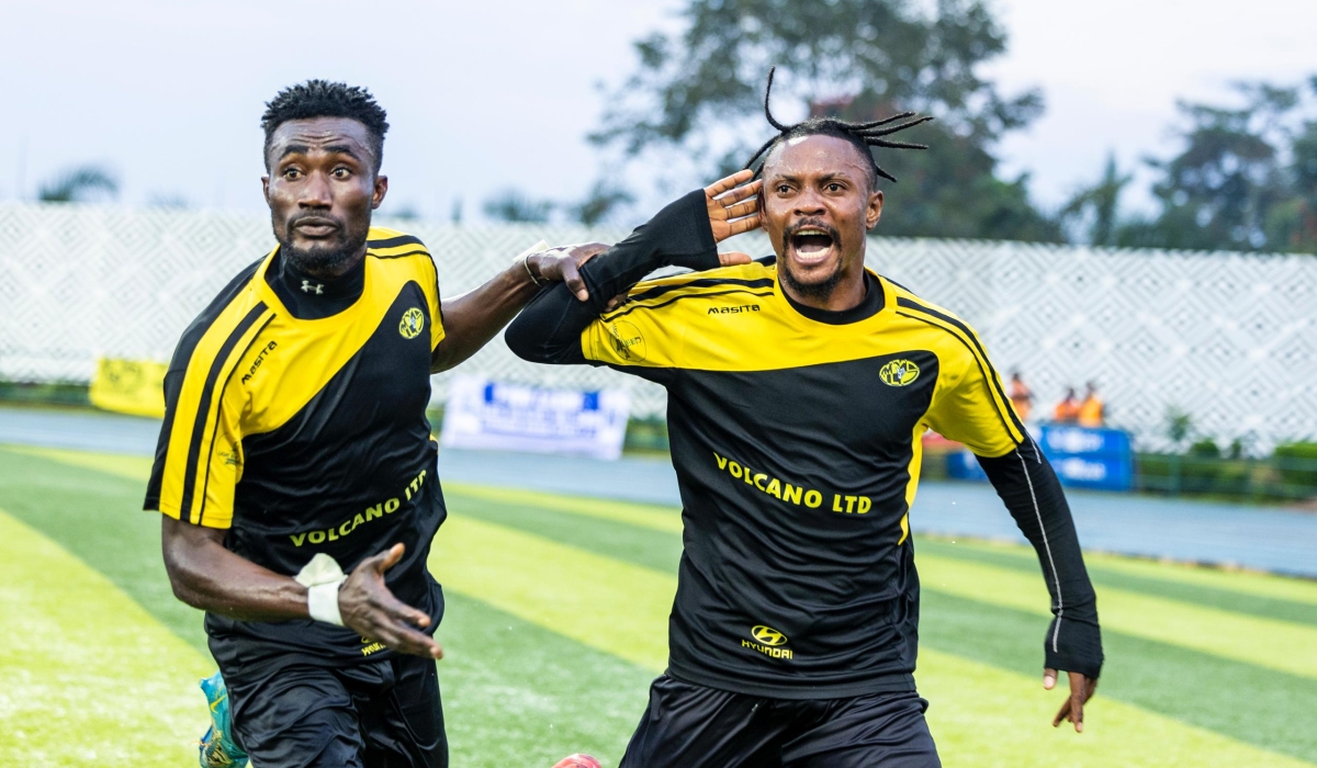 Jordan Dimbumba (R) and  his teammate Boateng Mensah celebarate the first goal at Huye Stadium on Saturday, January 11. All photos by Oliver Mugwiza