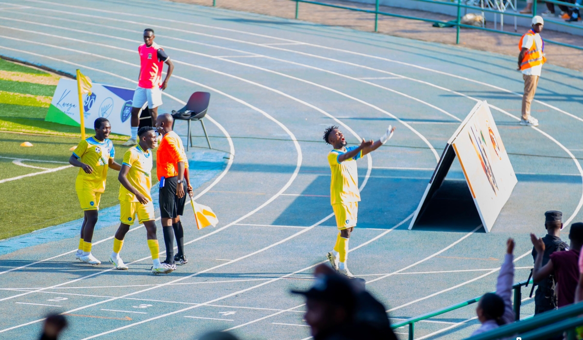 Burundian forward Eduard Ndayishimiye celebrates before the home supporters after giving Amagaju FC the lead in Sunday&#039;s 1-0 win over APR FC at Huye Stadium- Photo by RBA