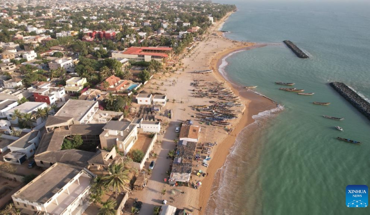 An aerial drone photo taken on Jan. 12, 2025 shows a view of Saly seaside resort area, about 80 kilometers south of Dakar, Senegal. Saly is a popular seaside resort area in Senegal which is known for its golden sandy beaches, warm climate, and a variety of water activities. (Xinhua/Si Yuan)