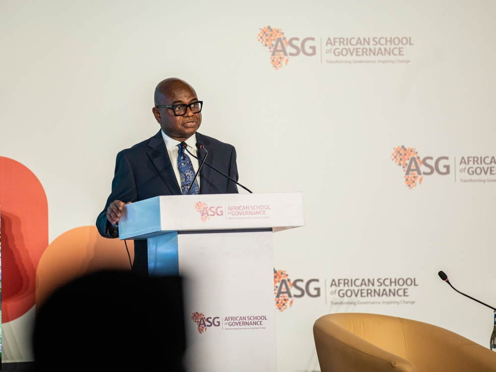 Professor Kingsley Moghalu, President of the newly established African School of Governance  university, delivers his remarks at the launch on Tuesday, January 14. All Photos by Dan Gatsinzi 