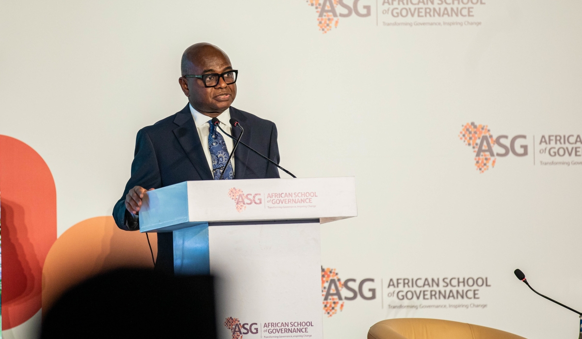 Professor Kingsley Moghalu, President of the newly established African School of Governance  university, delivers his remarks at the launch on Tuesday, January 14. All Photos by Dan Gatsinzi 