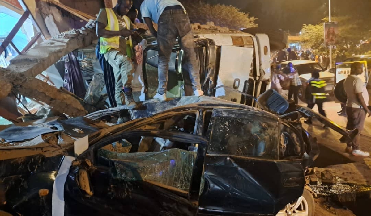 A scene of an accident where a speeding Fuso truck collided with a Toyota Carina E and a barbershop before coming to a stop at 7 p.m. on Wednesday, January 15, in Zindiro Village, Kinyaga Cell, Bumbogo Sector, Gasabo