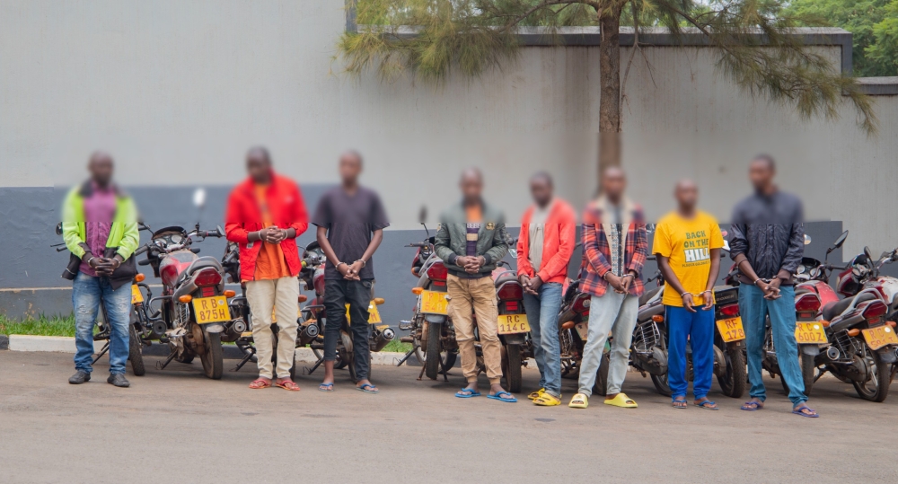 Rwanda National Police on January 18 paraded eight men suspected of stealing motorycles and falsifying number plates. Courtesy