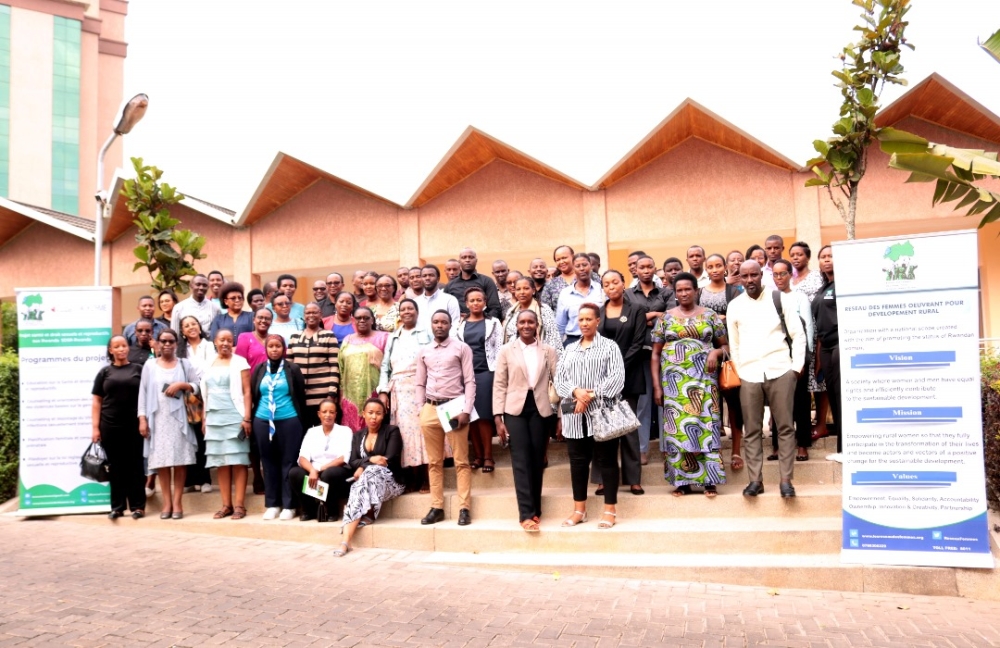 Réseau des Femmes Oeuvrant pour le Développement Rural pose for a group photo after an advocacy meeting in Kigali. Courtesy