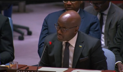 Minister of Foreign Affairs and International Cooperation Olivier Nduhungirehe addresses UN Security Council on terrorism in Africa on Tuesday, January 21. Courtesy