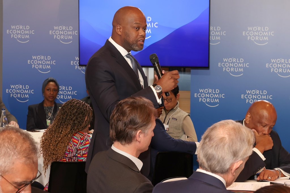 Secretary General of African Continental Free Trade Area (AfCFTA), Wamkele Mene, speaking at the World Economic Forum session  themed “Collaboration for the Intelligent Age,”  on Wednesday, January 22.