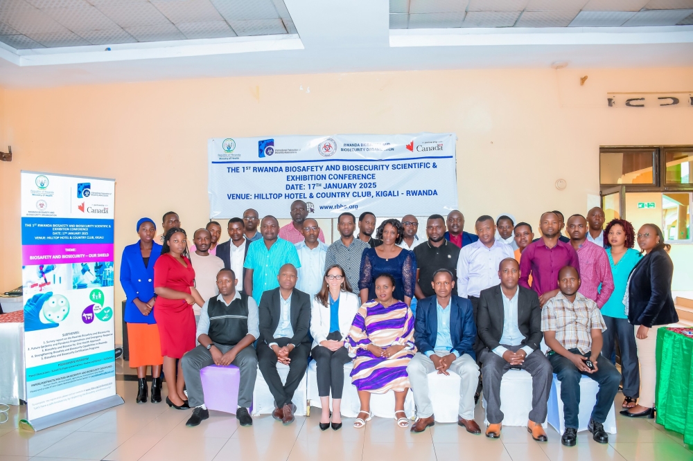 Delegates pose for a group photo at the inaugural conference and exhibition to advance biosafety and biosecurity in Rwanda on Friday, January 17. Photos by Craish Bahizi