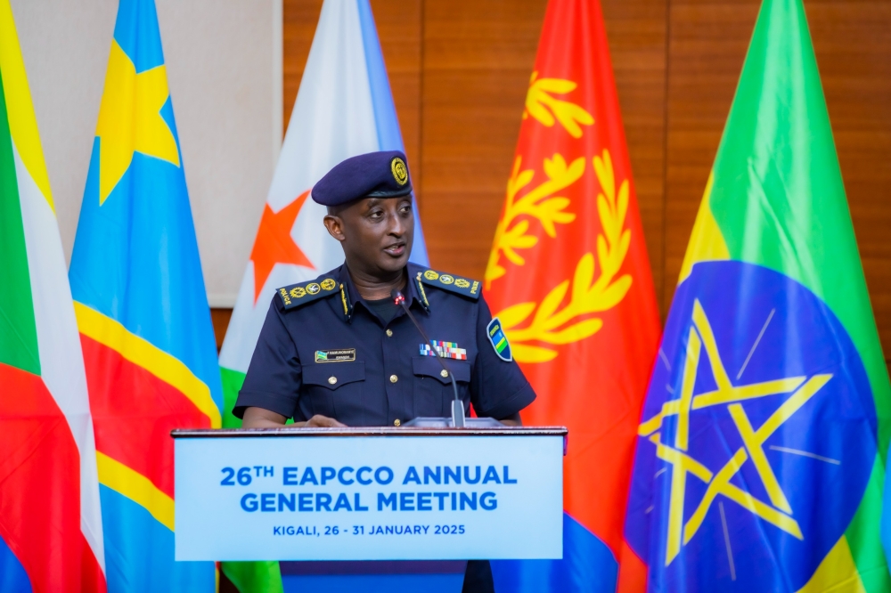 The Inspector General of Police  CG Felix Namuhoranye addresses delegates at  the 49th Permanent Coordinating Committee meeting of the Eastern Africa Police Chiefs Cooperation (EAPCCO) in Kigali, on Monday, January 27