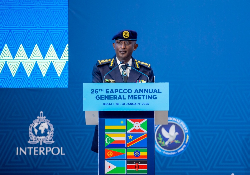 The Inspector General of Police  CG Felix Namuhoranye addresses delegates during the 26th EAPCCO annual meeting held in Kigali. Courtesy