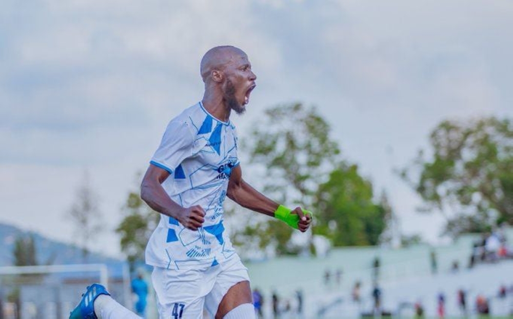 Eric Nsabimana, Police FC captain celebrates his goal during a game at Kigali Pele Stadium.