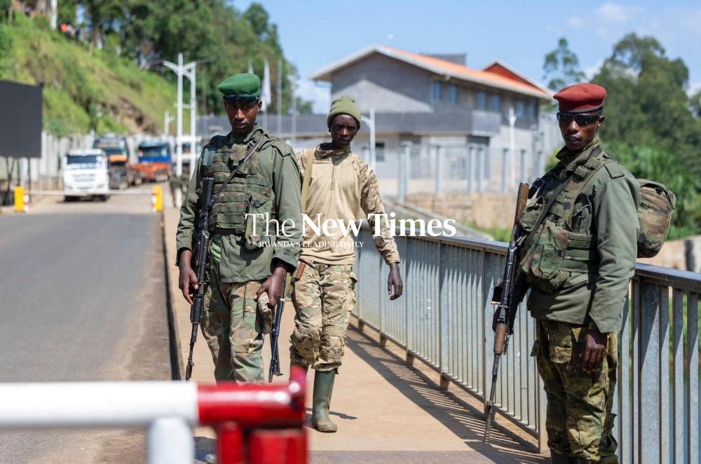 AFCM23 fighters at the DR Congo side of the border after their brief show up at Rusizi 1 Border Post, on Sunday, February 16. Photo by Olivier Mugwiza