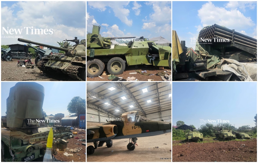 A collage of some of the weapons that were abandoned by DR Congo&#039;s army and their allies, including genocidal FDLR militia, Burundian troops, SADC forces, and European mercenaries, at an armory near Lake Kivu in Goma. The fleeing coalition fighters, estimated in tens of thousands, also abandoned weapons in other localities in and out of Goma as the M23 rebels marched on the city late January. Photos by James Munyaneza