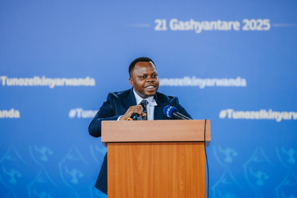 Minister of Youth and Arts, Jean Nepo Abdallah delivers his remarks during the International Mother Language Day celebration at Lycée de Kigali, Nyarugenge District, on Friday, February 21. Courtesy 