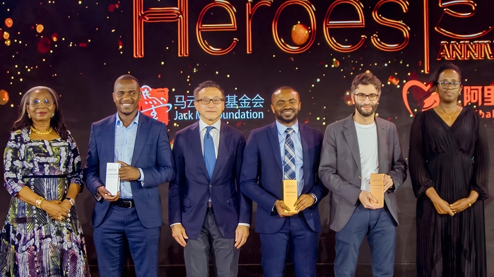 L-R ABH Grand Finale Judge Ibukun Awosika, Founder of The Chair Centre Group; ABH 2023 Second Prize Winner Thomas Njeru, CEO and Co-Founder of Pula Advisors Limited (Kenya); ABH Grand Finale Judge Joe Tsai, Chairman of Alibaba