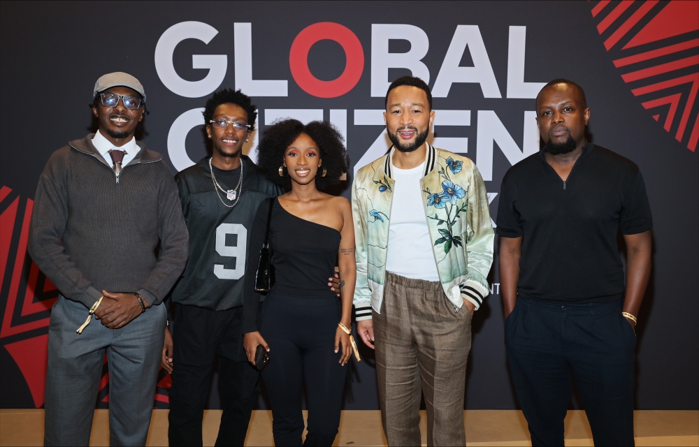 Juno Kizigenza, Nel Ngabo, Angel Umutoni, John Legend and Clement Ishimwe attend Global Citizen&#039;s Move Afrika: Kigali at BK Arena on February 21, 2025 in Kigali, Rwanda. (Photo by Jemal Countess/Getty Images for Global Citizen)