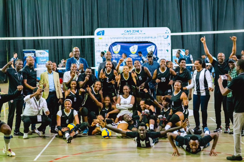 APR Women team celebrate the trophy after edging Kenya&#039;s KPC in four sets in the final of the Zone V Club Championship which concluded in Kampala on Monday, March 3-courtesy photos