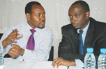 Milton Rugaaza, the Administrative Secretary EACSU, sharing a point with Dr Richard Sezibera, Rwandau2019s Special Presidential Envoy to the Great Lakes region during the East Africa Community Students Union elections at Mburabuturo on Friday. (Photo / G. Bar