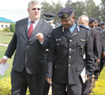 Ambassador Macadie,  Assistant Commissioner of Police Gatete and the trainees yesterday  at Kacyiru. (Photo/ J. Mbanda)