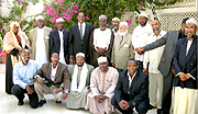 Somaliland President H.E Dahir Rayaal Kahin (standing  in centre with glasses), flanked by Sheik Swalleh Habimana, left, while Ugandau2019s Sheik Mubajje is on the right. (Courtesy photo)