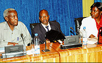 Mujawamariya (right), Murekeraho (centre) and Callixte Kayisire, who is charge of the Schoolsu2019 Curriculum in the Education ministry, at Parliament yesterday morning. (Photo/G. Mbanda)