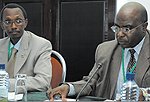 Rurangwa (right) and Kenyau2019s National Land Policy Coordinator, Reuben Murungu at the workshop yesterday at the Mille Collines Hotel. (Photo/G. Barya)