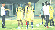 Amavubi coach Blanko Tucak taking the team through the drills at Al-Hilal stadium in their first practice.