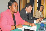 Minister of Foreign Affairs and Cooperation Rose Museminari, British Ambassador to Rwanda Nicholas Cannon, and Acting head Commonwealth Policy Studies Unit Victoria te Velde, during the workshop at Hotel Novotel (Photo/G.Barya).