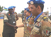 Deputy Force Commander of African Union- United Nations Hybrid Mission in Darfur (UNAMID) Major General Emmanuel Karenzi welcoming soldiers of the Egyptian Engineering Company in the Sudanu2019s region of Darfur.