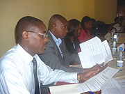 Jean de Dieu Mucyo (L) during preparations for next yearu2019s Genocide Conference at Alpha Palace Hotel on Monday. (Photo/ R.Mugabe)