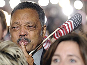 The Rev. Jesse Jackson weeps as CNNu2019s prediction of the election of Barack Obama is broadcast in Grant Park.