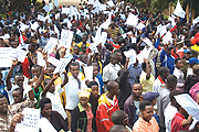 Protesters yesterday returned outside the German mission to protest the arrest of the  Director of State Protocol, Rose Kabuye. (Photo G.Barya)