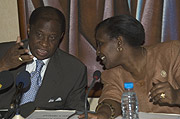 Minister of foreign affairs, Rosemary Museminari consults her counterpart from Congo, Alex Tambwe Muamba at Serena Hotel on Friday. (File photo).