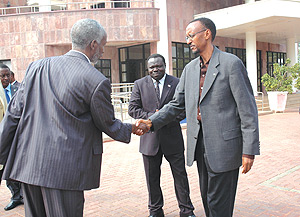 President Kagame being received by the Secretary General of the RPF, Francois Ngarambe. (Photo /J. Mbanda).