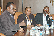 The Central Bank Governor Francois Kanimba(L) at the  press conference during the launch of  RDMF, Providence B Newport,( C)and Emmanuel Rurema Project Leader of Technical Part (R) yesterday at Central Bank Offices (PhotoGBarya)