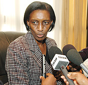  Rose Kabuye speeking to the press shortly before she left for France on Friday. (PPU Photo)