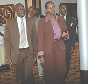 First Lady Jeannette Kagame arrives at the Symposium accompanied by Sports and Cultural Minister Joseph Habineza. (Photo/ J. Mbanda)