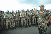 Major General Patrick Nyamvumba addresses troops  of the 35th Bn upon their return from Darfur. The are the same forces that stopped the genocide. 