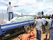 Some of the donated supplies being offloaded from a truck. (Photo/ M. Tindiwensi)