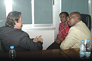 Dutch Minister Bert Koenders during talks with Ministers Musoni and Museminali at the Airport on Saturday. (Photo/ G. Barya)