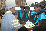 KIE Vice Rector Dr James Vuningoma  congratulates students during this yearu2019s KIE graduation ceremony. (File Photo)