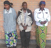 Marie Jose Kayitesi, Francois Nsoro and Francine Mukaneza paraded for the press at Remera Police Station on Saturday. (Photo/ S. Nkurunziza)