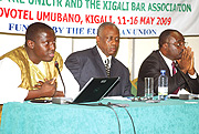 (L-R)Roland Adjovi Senior Legal officer Registrar Representative, Vincent Karangwa President Bar Association, and Charles Tchakoute Patie Lawyer from Cameroon and defence Counsel at   ICTR, at the closing of Briefing session on International Criminal war 