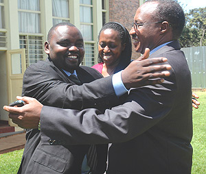 Kigaliu2019s new Vice Mayor in charge of Economics Affairs Alphonse Nizeyimana (L) being congratulated by Local Government Minister, Protais Musoni and City Mayor Kirabo Kacyira (C) after taking oath yesterday. (Photo/G. Barya).