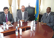 Dominique Lafont, Executive Vice President of BAL, Rodolphe Kerbukuswa, General Manager of SDV Rwanda and James Musoni, the Minister of Finance. (Courtesy photo)