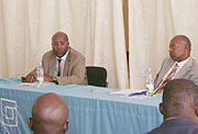 Robert Masozera(Left) and Western Province governor, Celestin Kabahizi addressing mayors about the incoming  event. (Photo: D. Ngabonziza)